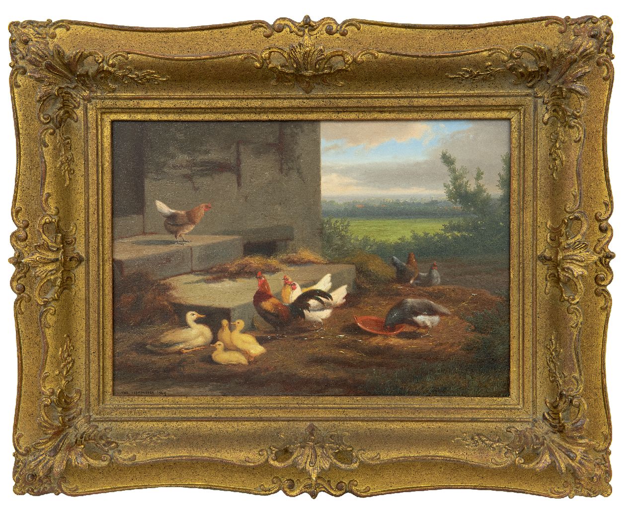 Leemputten J.L. van | Jean-Baptiste Leopold van Leemputten | Gemälde zum Verkauf angeboten | Hühner und Enten auf einem Bauernhof, Öl auf Holz 24,0 x 36,2 cm, Unterzeichnet l.u. und datiert 1869