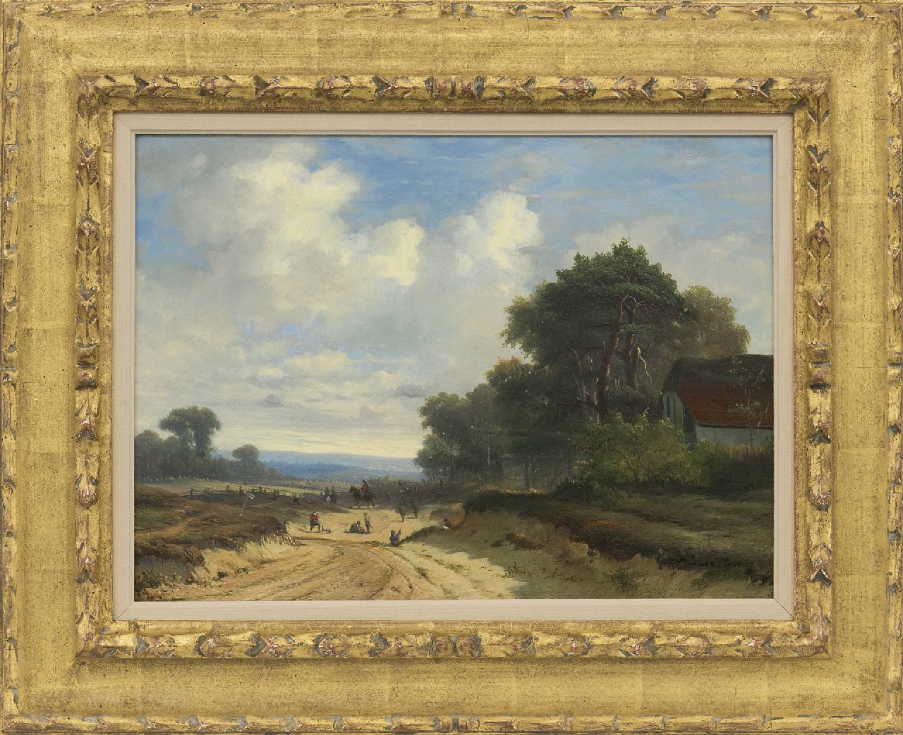 Weerts C.A.  | Coenraad Alexander Weerts | Gemälde zum Verkauf angeboten | Infanteristen auf einem Sandweg bei einem Bauernhof, Öl auf Holz 28,5 x 39,3 cm, Unterzeichnet mit Signaturresten u.r.