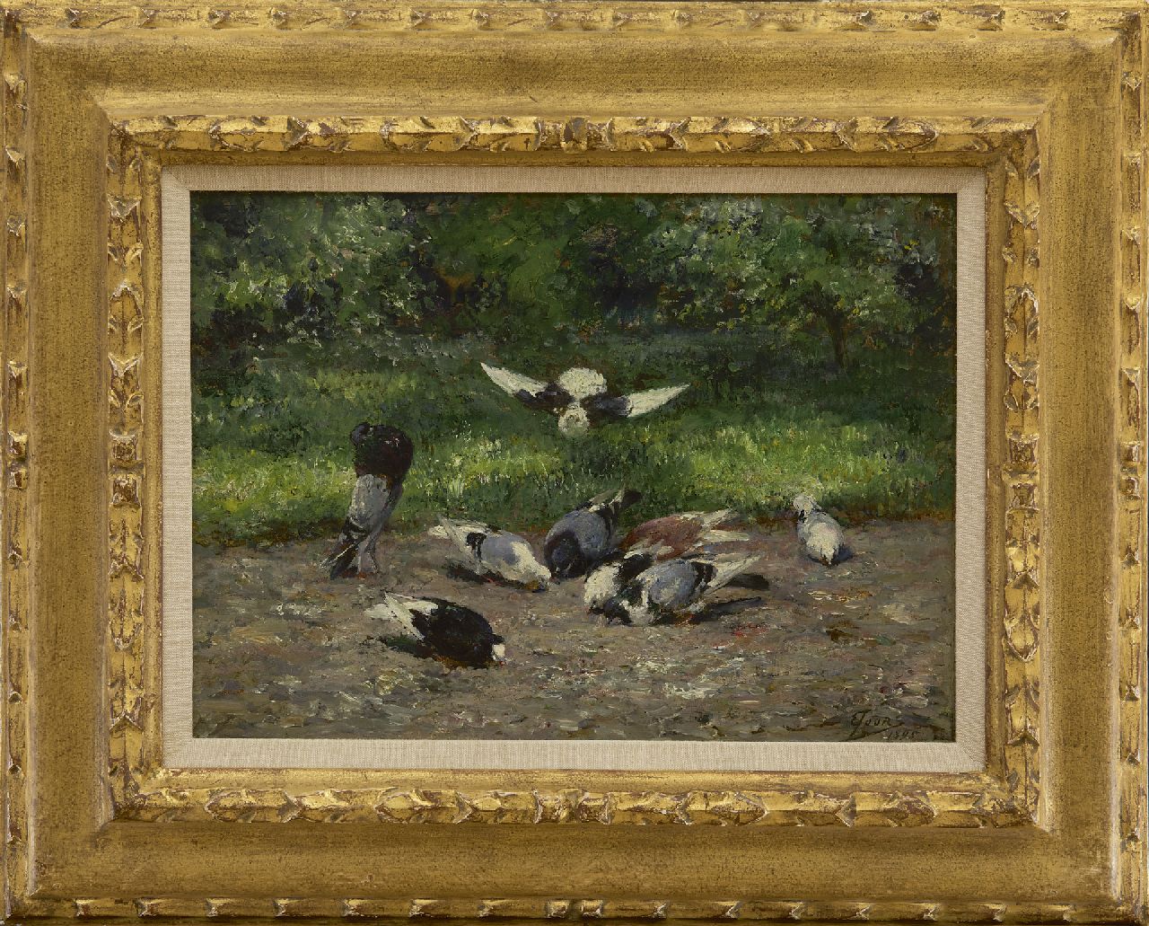 Joors E.  | Eugeen Joors, Tauben im Park, Öl auf Holz 24,0 x 32,5 cm, Unterzeichnet r.u. und datiert 1895