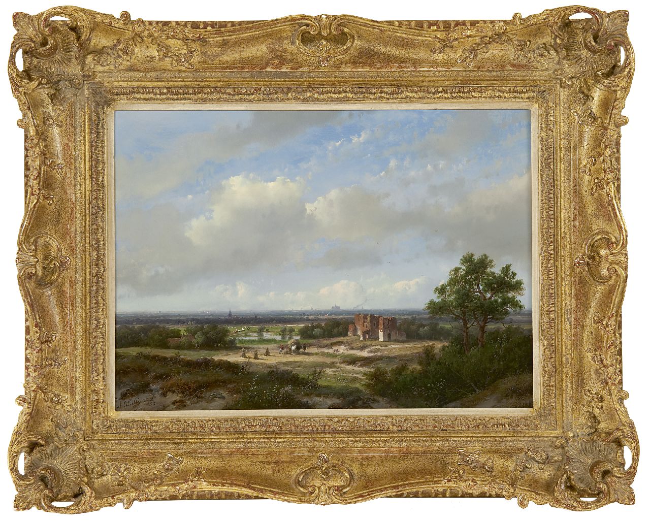 Schelfhout A.  | Andreas Schelfhout, Panoramische Landschaft mit Silhouette von Haarlem und der Ruine von Brederode, Öl auf Holz 28,4 x 39,1 cm, Unterzeichnet l.u. und datiert '50