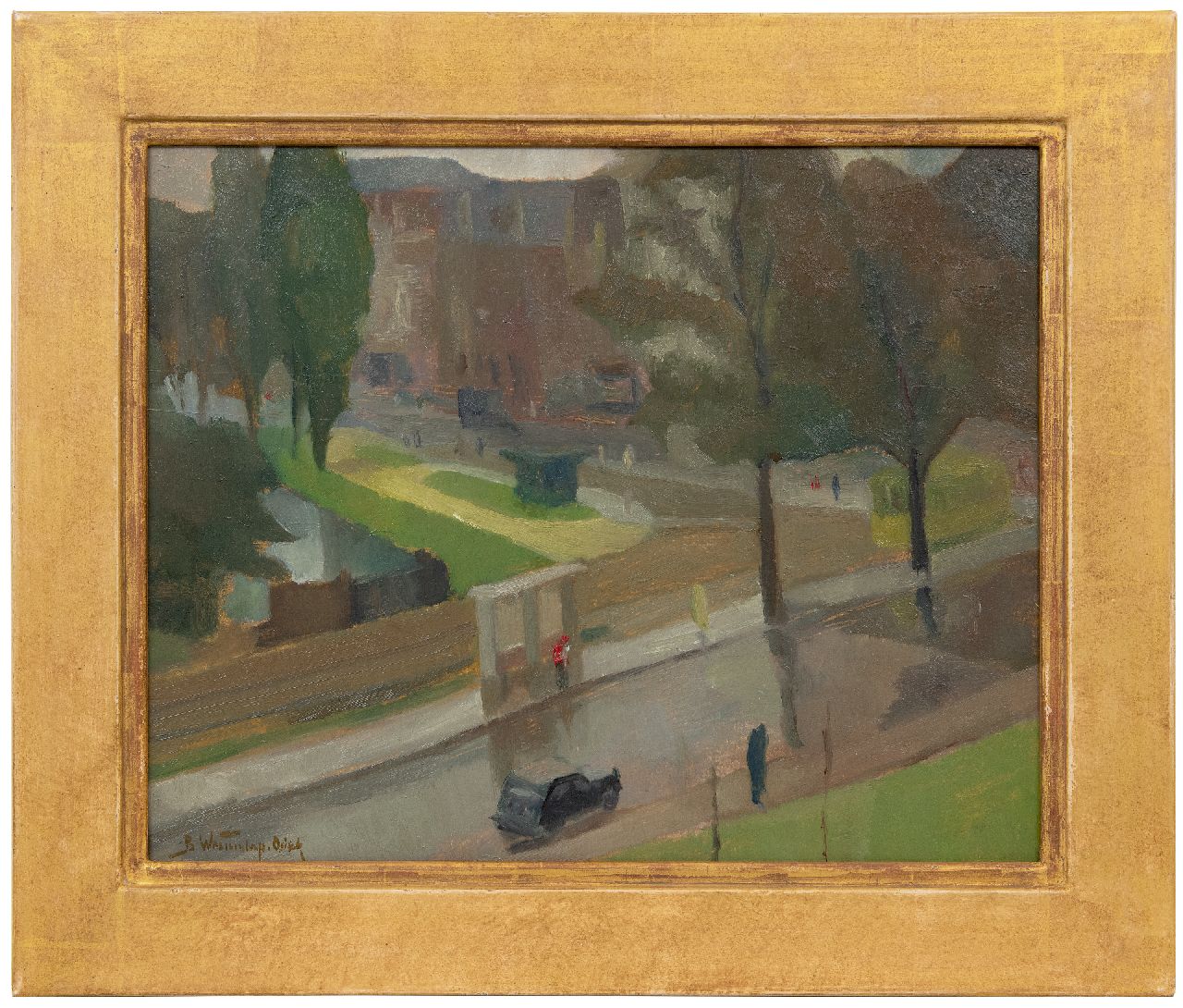 Westendorp-Osieck J.E.  | Johanna Elisabeth 'Betsy' Westendorp-Osieck, Ansicht auf den Valeriusplatz Amsterdam (von der Werkstatt der Malerin aus), Öl auf Holzfaser 40,4 x 50,5 cm, Unterzeichnet l.u.