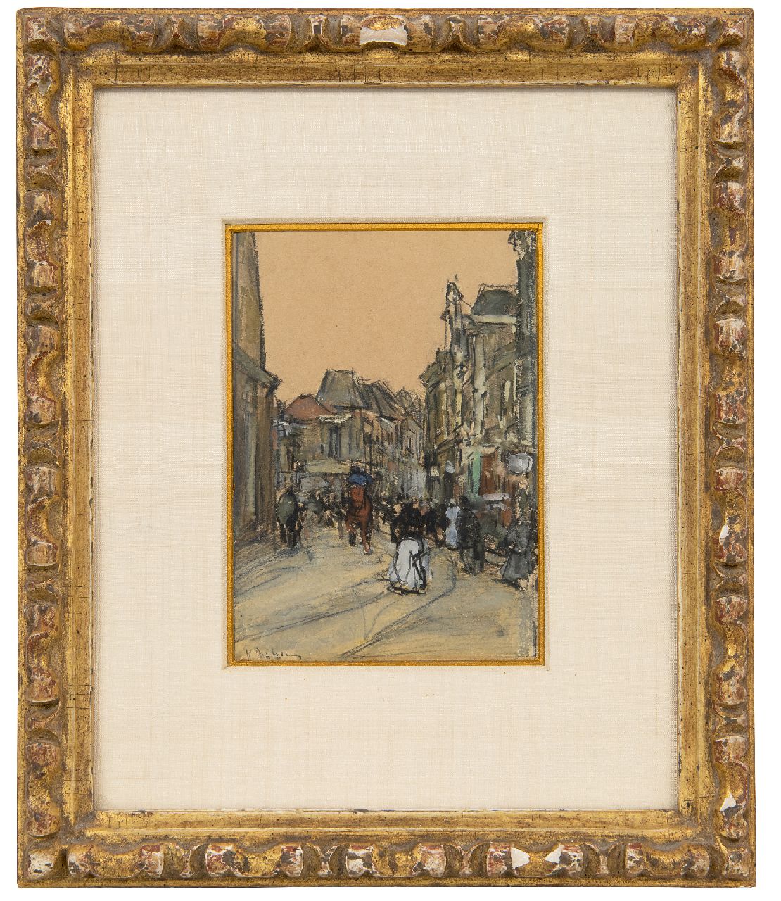Arntzenius P.F.N.J.  | Pieter Florentius Nicolaas Jacobus 'Floris' Arntzenius, A street in The Hague, Schwarze Kreide und Aquarell auf Papier 12,5 x 8,9 cm, signed l.l.