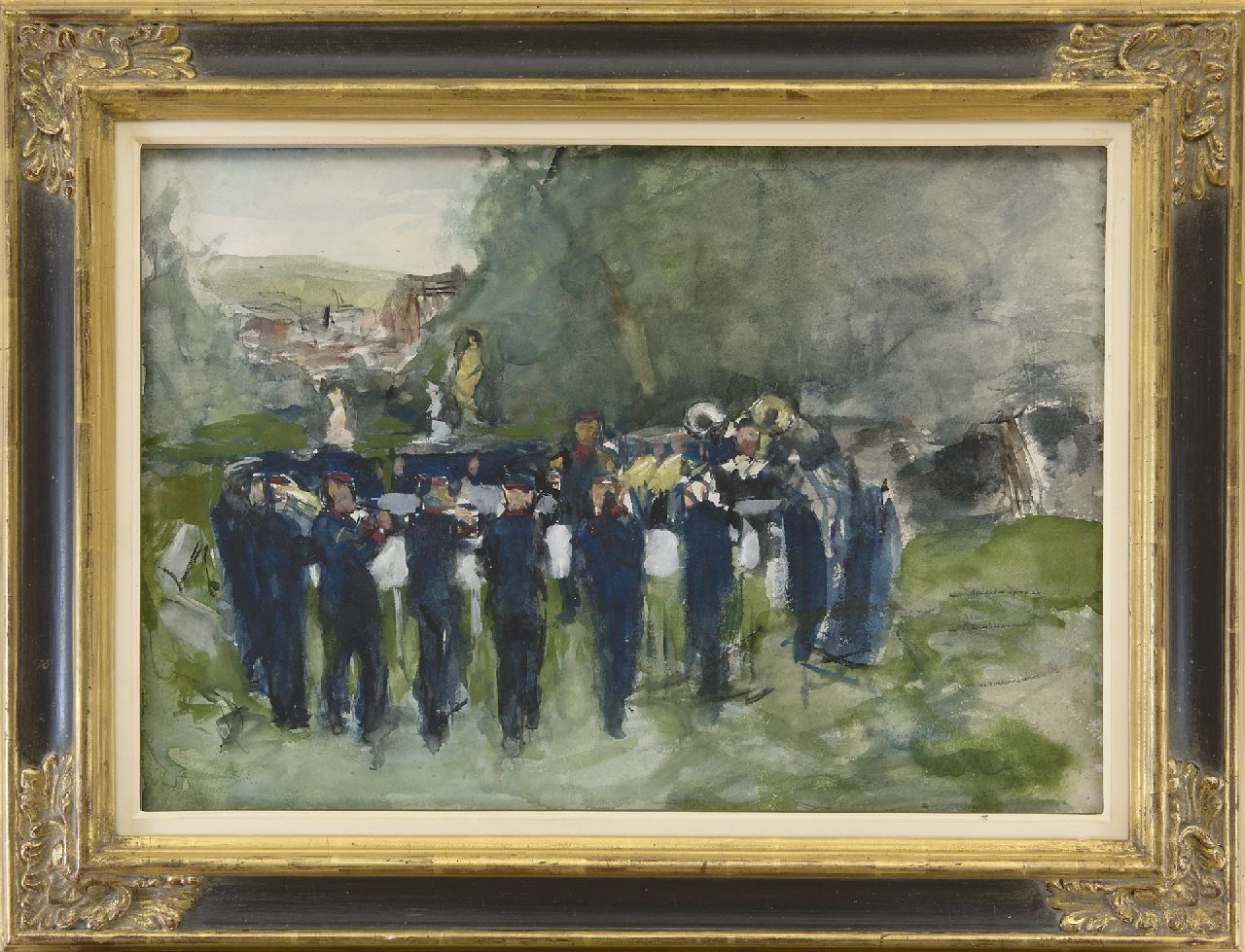 Rappard A.G.A. van | 'Anthon' Gerhard Alexander van Rappard | Aquarelle und Zeichnungen zum Verkauf angeboten | Musikkorps in Neuenahr, Kreide, Aquarell und Gouache auf Papier 35,7 x 51,0 cm