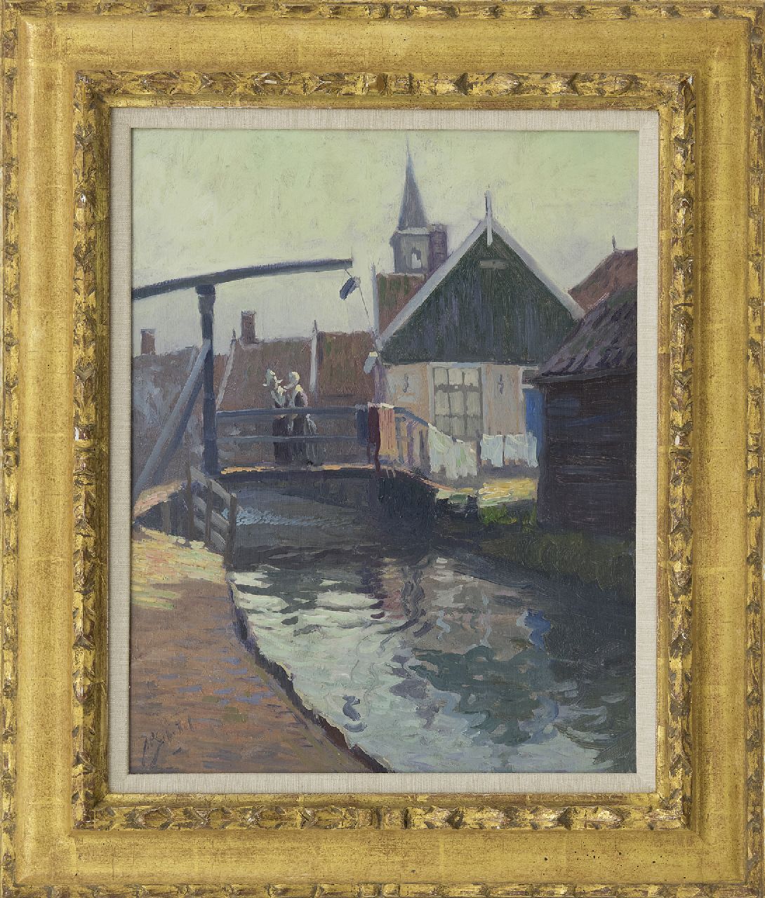 Schotel A.P.  | Anthonie Pieter Schotel, Ansicht auf die Gelbe Brücke, Volendam, Öl auf Holz 41,0 x 32,7 cm, Unterzeichnet l.u.