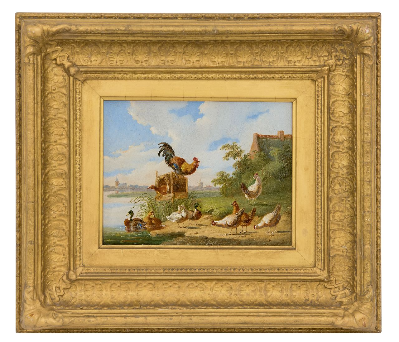 Verhoesen A.  | Albertus Verhoesen, Hahn, Hühner und Enten an einem holländischen Flussufer, Öl auf Holz 14,7 x 18,7 cm, Unterzeichnet M.u. und datiert 1870