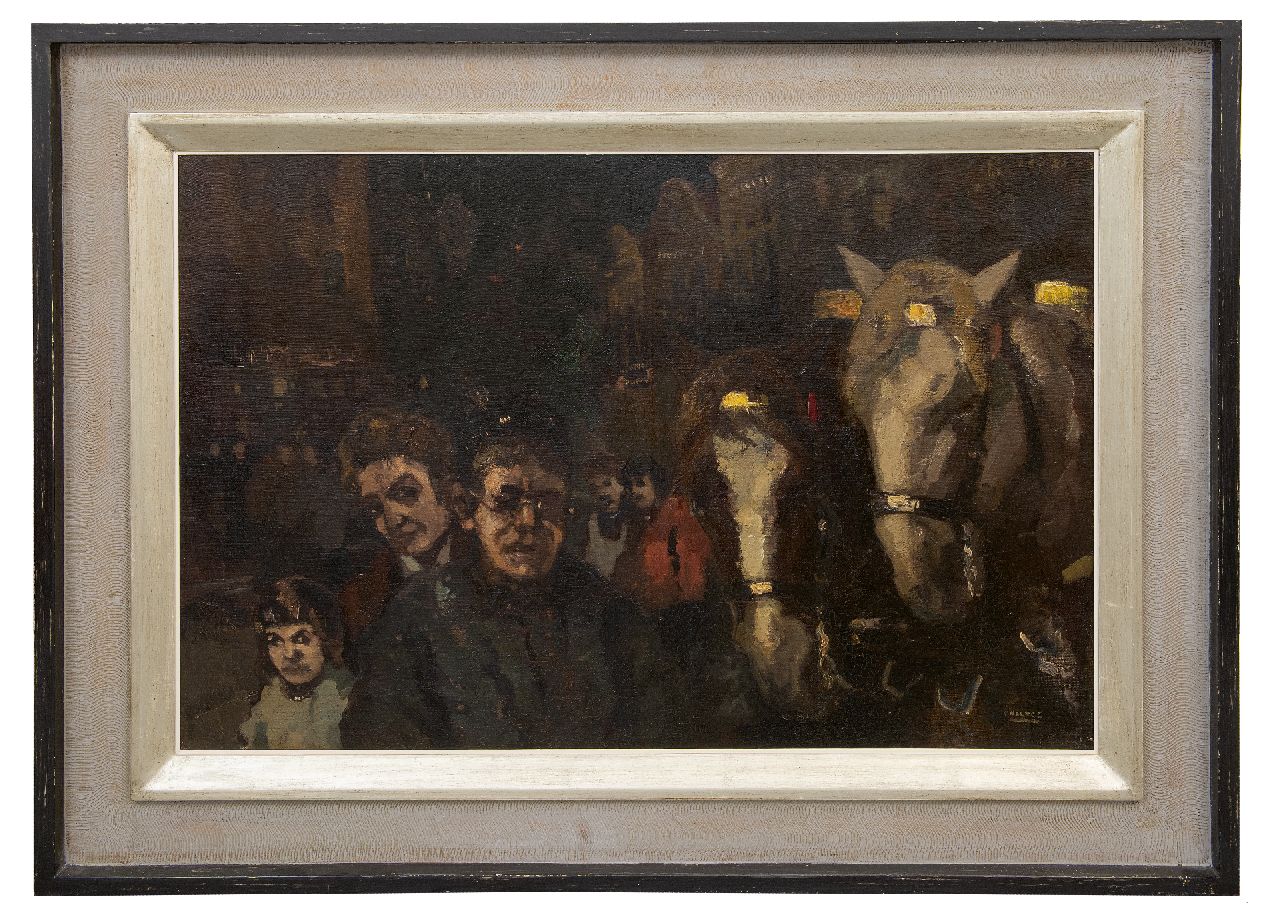 Noltee B.C.  | Bernardus Cornelis 'Cor' Noltee | Gemälde zum Verkauf angeboten | Figuren und Kutschenpferde am Abend, Öl auf Leinwand 60,7 x 90,7 cm, Unterzeichnet r.u.