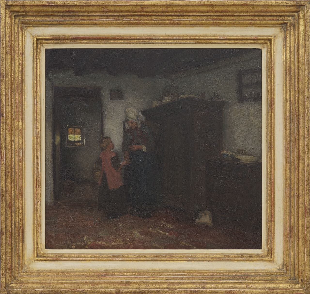 Neuhuys J.A.  | Johannes 'Albert' Neuhuys, Bäuerlicher Innenraum mit Frau und Kind, Öl auf Holz 40,4 x 43,7 cm, signed on a label on the reverse