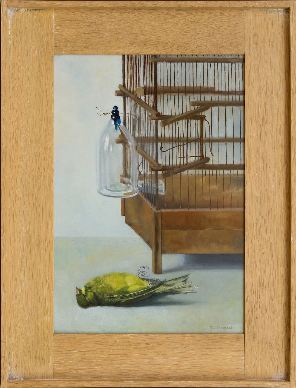Bodaan J.J.  | Johan Jacob Bodaan | Gemälde zum Verkauf angeboten | Totes Vöglein bei einem Käfig, Öl auf Holz 36,2 x 25,2 cm, Unterzeichnet  r.u.