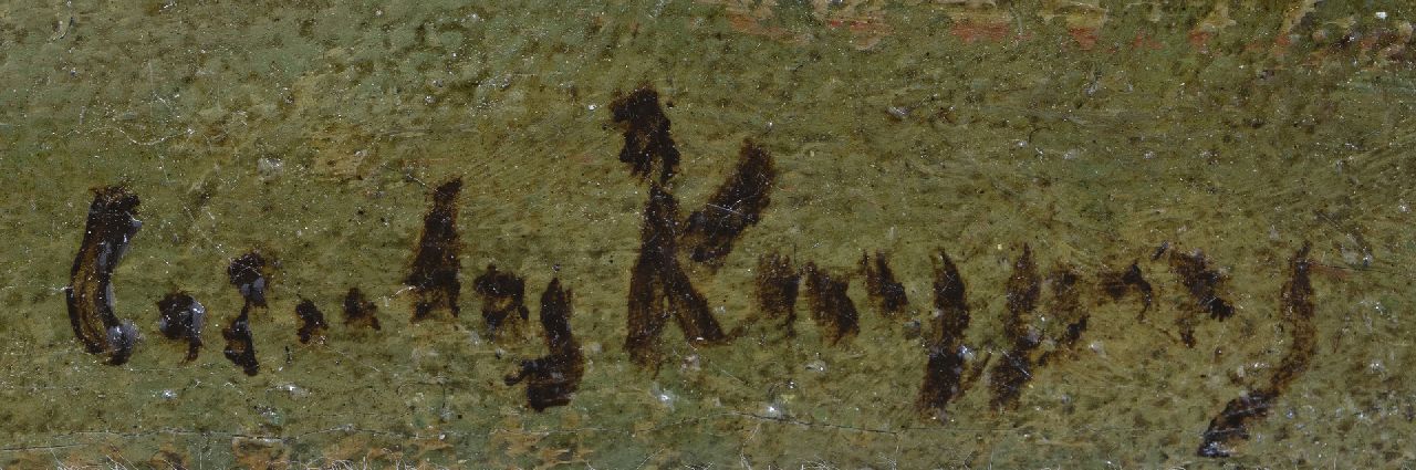 Cornelis Kuijpers Signaturen Bauer im Ruderboot bei Sonnenaufgang am Waldrand