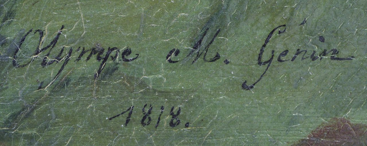 Olympe Mouette Génin Signaturen Stilleben mit Pfirsichen, Krug und Vögelchen