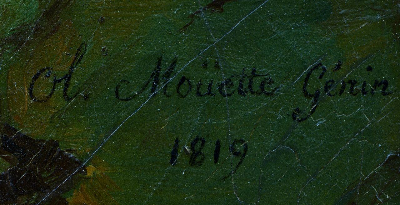 Olympe Mouette Génin Signaturen Stilleben mit Trauben, Vogelnest und ein Stieglitz