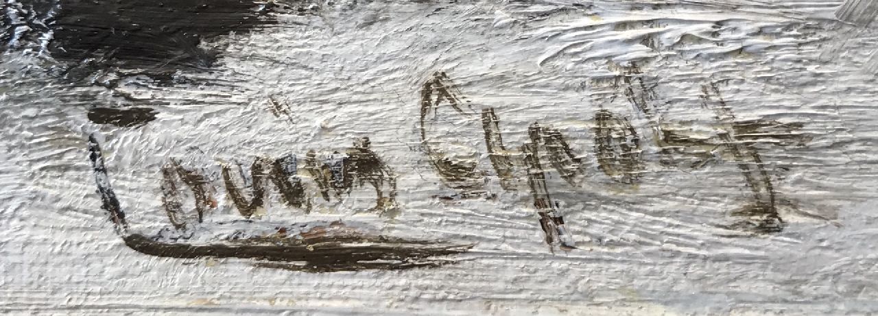 Louis Apol Signaturen Mann mit Heuwagen auf beschneitem Waldweg