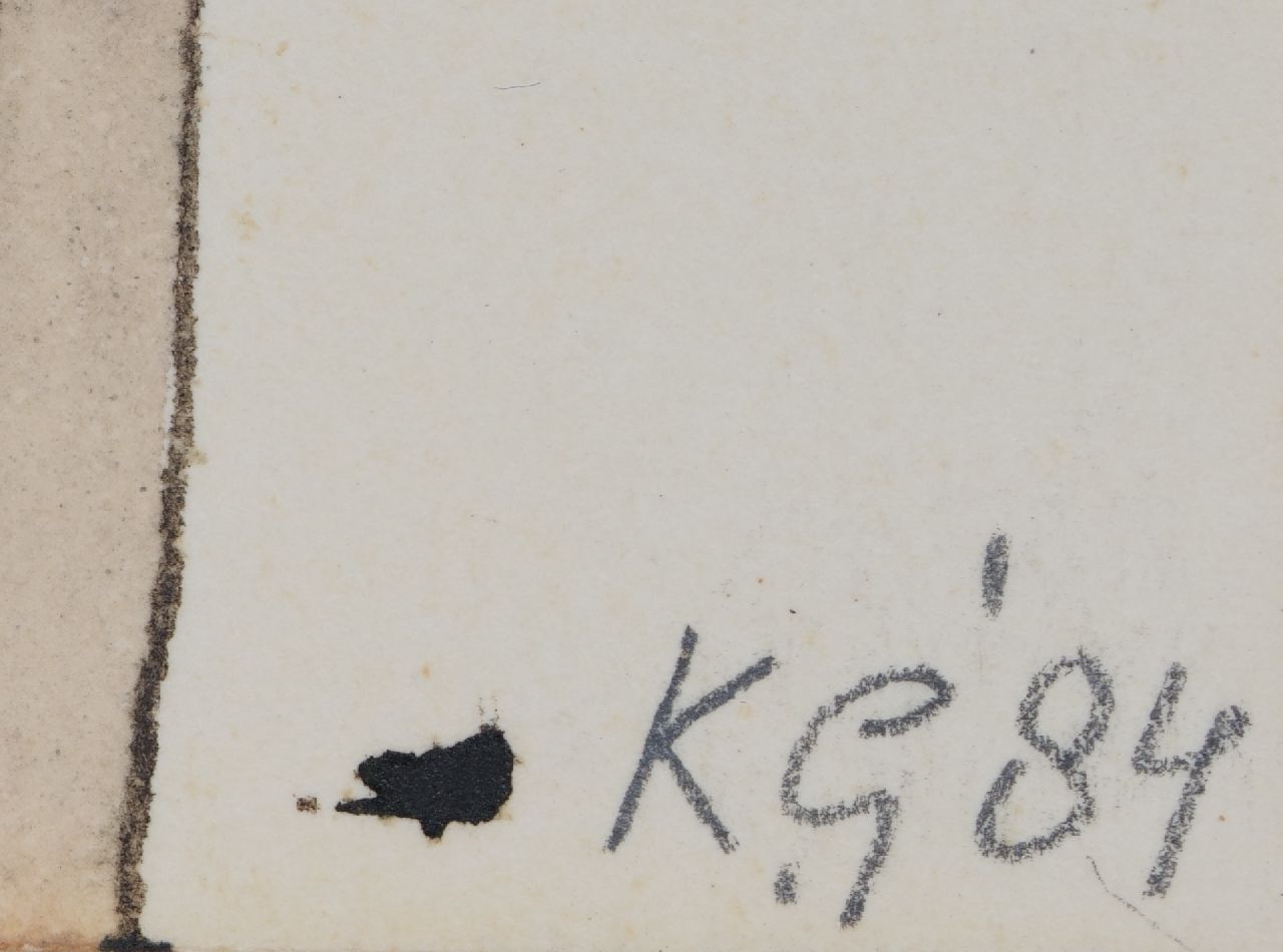 Klaas Gubbels Signaturen Schachbrett auf rotem Tischchen