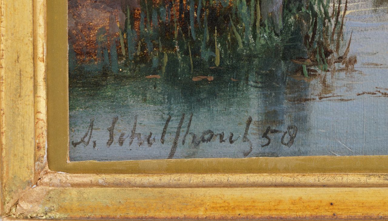 Andreas Schelfhout Signaturen Sommerliches Flussufer mit Segelschiffen, ein Dampfschiff in der Ferne