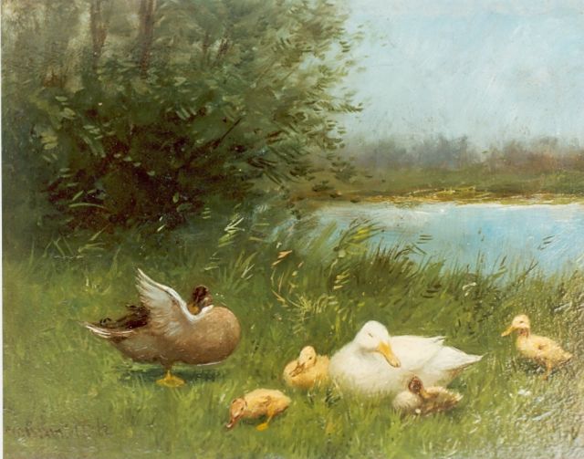 Constant Artz | Duck with ducklings, Öl auf Holz, 18,8 x 25,0 cm, signed l.l.