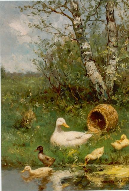 Constant Artz | Duck and ducklings watering, Öl auf Holz, 24,0 x 18,1 cm, signed l.r.