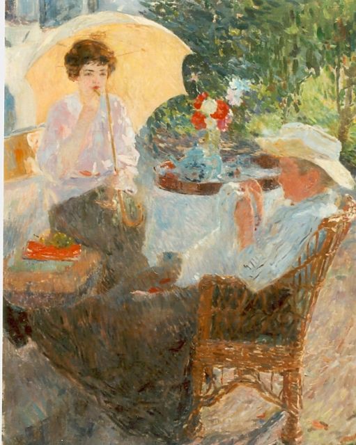 Godfrinon E.J.J.  | Two ladies in a garden in summer, Öl auf Leinwand 98,7 x 76,5 cm, signed l.l.