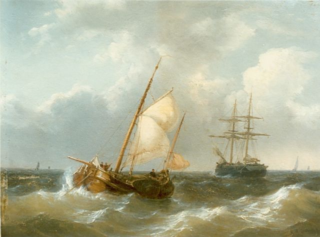 George Willem Opdenhoff | Sailing vessels on choppy waters, Öl auf Tafel, 20,5 x 28,0 cm, signed l.r.