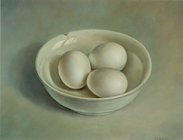 Andras Gombar | Eggs in a white dish, Öl auf Holz, 25,0 x 30,0 cm, signed l.r.