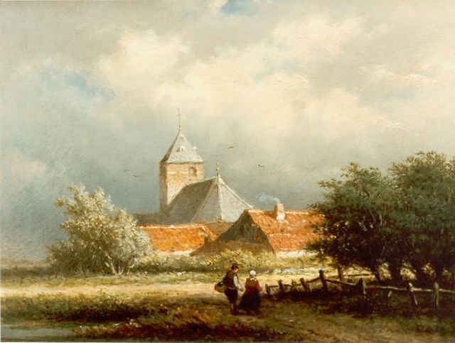 Georgius Heerebaart | Figures on a country road, with a church beyond, Öl auf Holz, 17,7 x 22,8 cm, signed l.l.