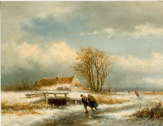 Georgius Heerebaart | Skaters on a frozen waterway, Öl auf Holz, 17,3 x 23,0 cm, signed l.r.