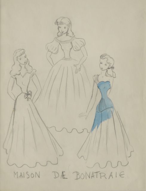 Prinses Beatrix van Oranje Nassau | Models at the Bonneterie, Bleistift und blaue Tinte auf Papier, 30,0 x 23,0 cm