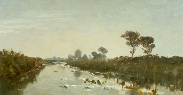Constan Gabriel | Canal in a polder landscape, Öl auf Leinwand auf Holz, 22,7 x 43,6 cm, signed l.r.
