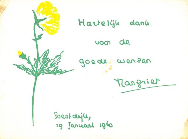 Oranje-Nassau (Prinses Margriet) M.F. van | Buttercup, Grüne und gelbe Tinte auf Papier (Ansichtskarte) 11,0 x 15,0 cm, signed in the centre und dated 'Soestdijk, 19 Januari 1960'