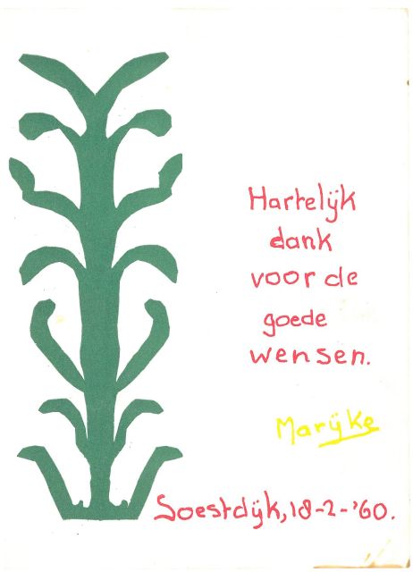 Prinses Christina van Oranje Nassau | Green Plant, Grüne, rote und gelbe Tinte auf Papier (Ansichtskarte), 14,5 x 10,5 cm, 'Soestdijk, 18-2-'60'