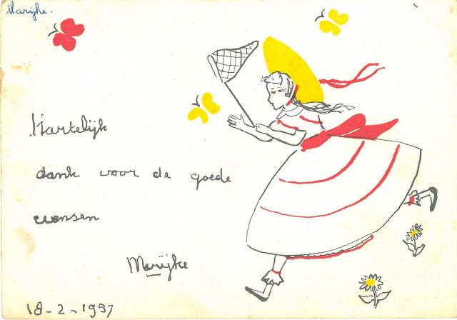 Prinses Christina van Oranje Nassau | Catching butterflies, Schwarze, gelbe und rote Tinte auf Papier (Ansichtskarte), 10,5 x 14,9 cm, gesigneerd m.o. und dated 19-2-1957