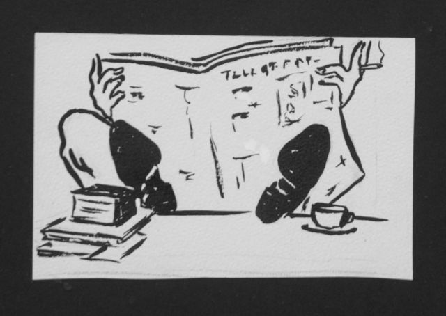 Oranje-Nassau (Prinses Beatrix) B.W.A. van | Student reading 'De Telegraaf', Bleistift und Ausziehtusche auf Papier 8,5 x 13,0 cm, gesigneerd niet te koop; coll. Ouborg Group, Breda und executed August 1960