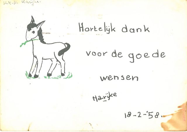 Prinses Christina van Oranje Nassau | Donkey, Schwarze und grüne Tinte auf Papier (Ansichtskarte), 10,4 x 14,8 cm, signed l.m. und dated 18-2-'58