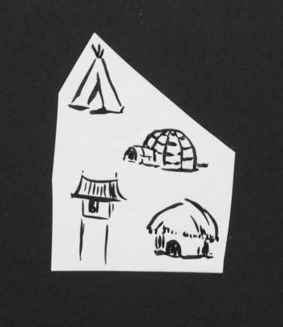 Prinses Beatrix van Oranje Nassau | Four huts, Bleistift und Ausziehtusche auf Papier, 7,9 x 6,0 cm, executed August 1960