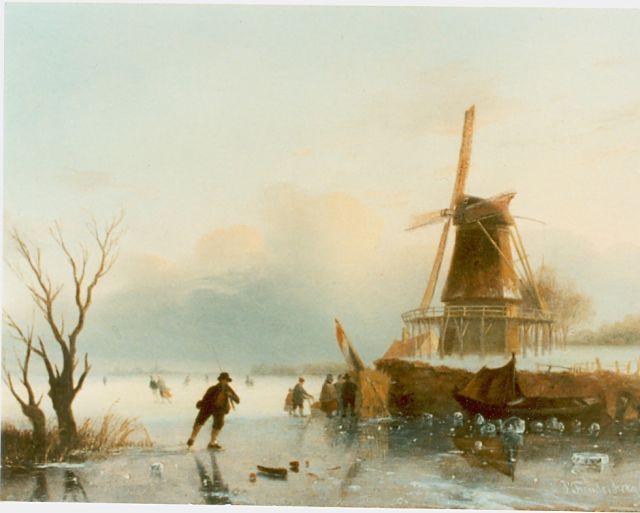 Freudenberg J.  | Skaters on the ice with a 'koek-en-zopie', Öl auf Holz 20,2 x 25,8 cm, signed l.r.