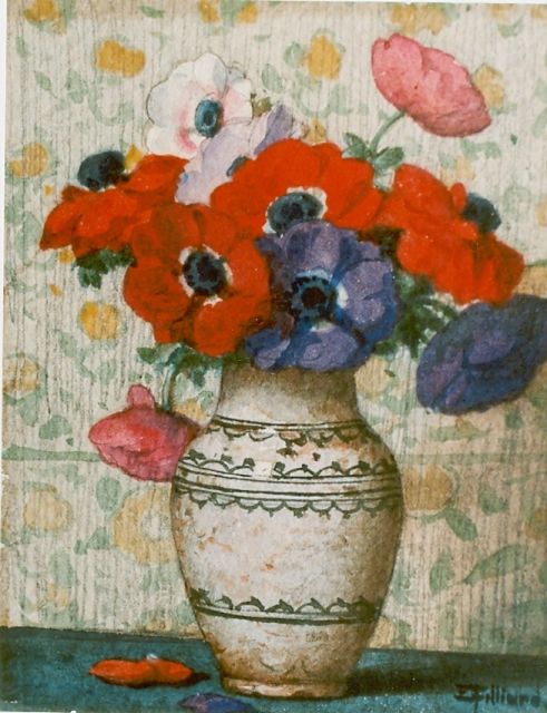 Filliard E.  | Anemones in a vase, Aquarell auf Papier 15,5 x 12,5 cm, signed l.r.