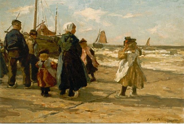 Johannes Evert Akkeringa | Fishermen on the beach, Öl auf Leinwand, 33,0 x 46,0 cm, signed l.r.