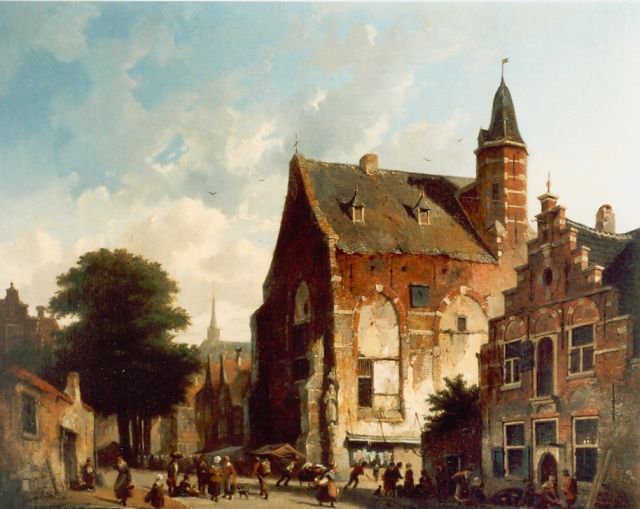 Adrianus Eversen | A town view with figures, Öl auf Leinwand, 43,5 x 51,0 cm, signed l.r.