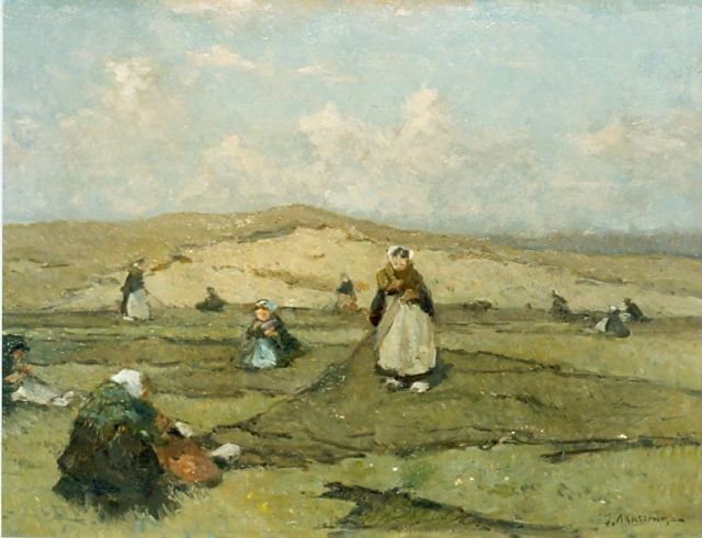 Johannes Evert Akkeringa | Mending the nets in the dunes, Öl auf Leinwand, 33,0 x 45,0 cm, signed l.r.