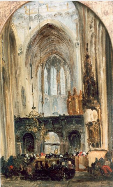 Johannes Bosboom | Church service, Öl auf Holz, 23,0 x 15,0 cm