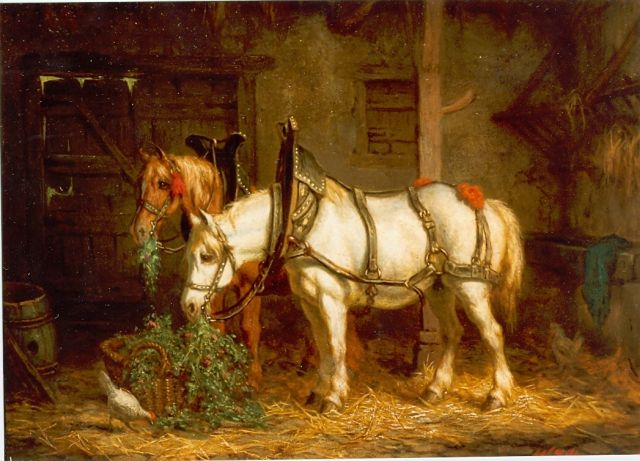 Willem Johan Boogaard | A stable interior with horses, Öl auf Holz, 19,8 x 26,9 cm, signed l.r.