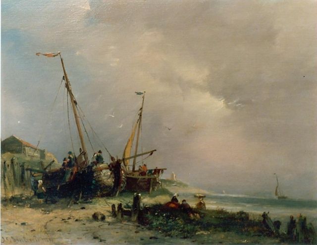 Hilleveld A.D.  | Fishermen and boats on the beach, Öl auf Holz 25,0 x 32,0 cm, signed l.l. und dated 1881