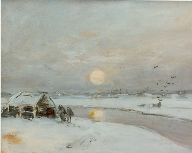 Louis Apol | Frozen canal at sunset, Aquarell auf Papier, 16,5 x 21,0 cm, signed l.l.