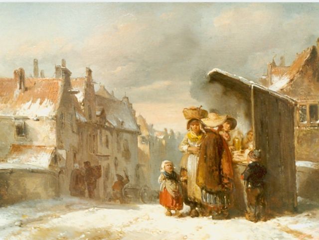 Herman ten Kate | Figures in a snow-covered town, Öl auf Holz, 19,5 x 26,3 cm, signed l.l.
