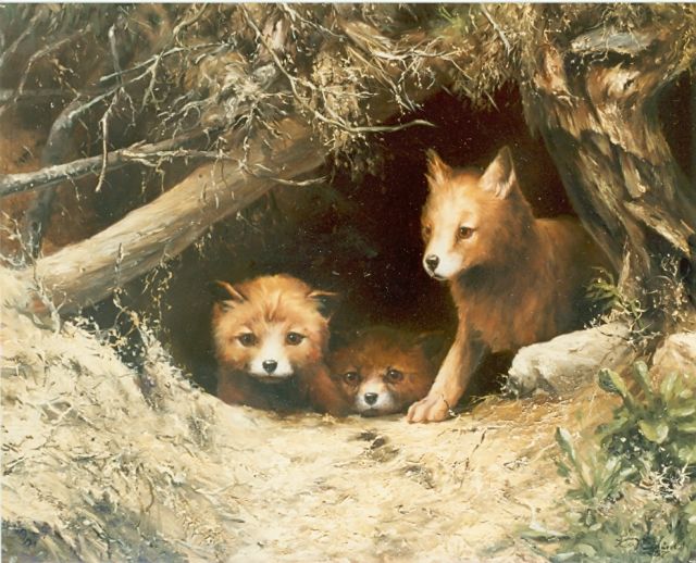 Kiss R.  | Foxes in their shelter, Öl auf Leinwand auf Holz 40,5 x 50,5 cm, signed l.r. und dated '87