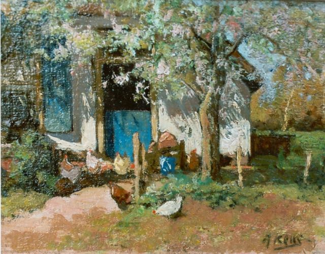 Adriaan Keus | Chickens on a farmyard, Öl auf Pappe, 17,0 x 21,0 cm, signed l.r.