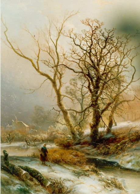 Pieter Kluyver | A woman on a path in winter, Öl auf Holz, 50,0 x 39,5 cm, signed l.c.