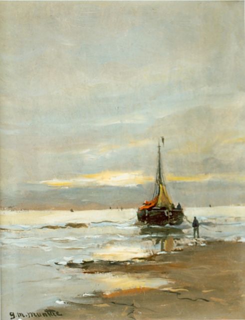 Morgenstjerne Munthe | Barges and fishermen on the beach, Öl auf Malereifaser, 20,4 x 15,4 cm, signed l.l.
