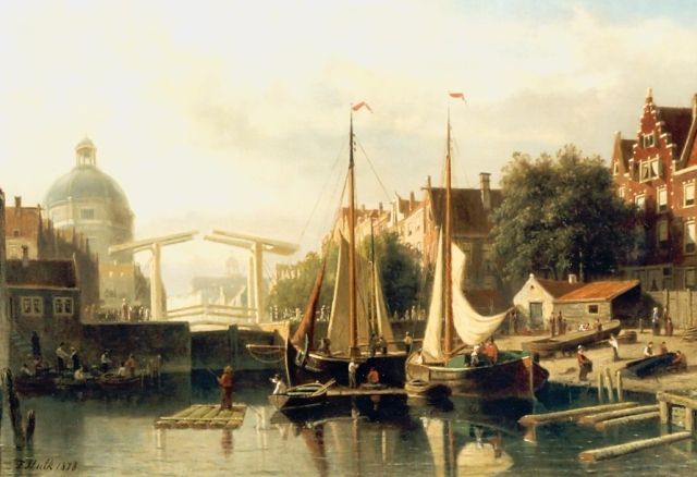 Johannes Frederik Hulk | Moored boats in a canal, Amsterdam, Öl auf Leinwand, 64,0 x 90,0 cm, signed l.l. und dated 1878