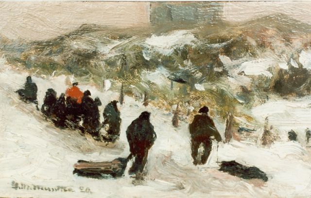 Morgenstjerne Munthe | Sledging in the dunes of Katwijk, Öl auf Leinwand auf Holz, 12,0 x 19,2 cm, signed l.l.