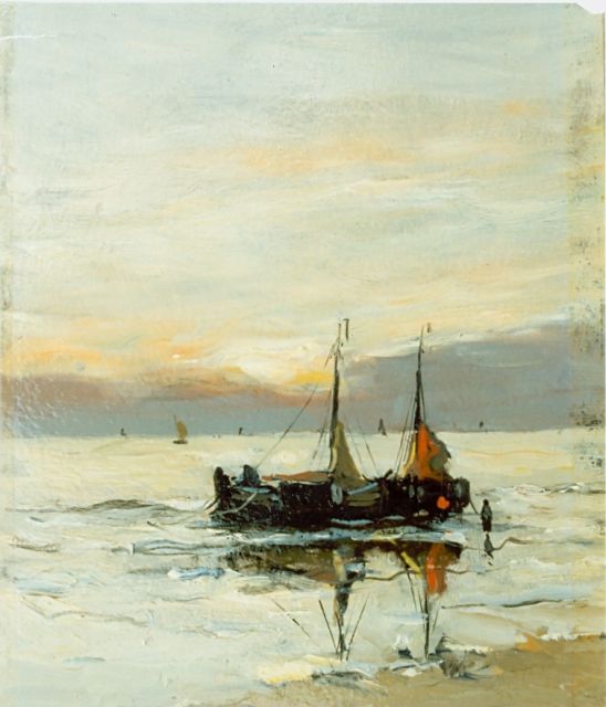 Munthe G.A.L.  | 'Bomschuiten' in the surf, Öl auf Holzfaser 21,0 x 16,5 cm, signed l.l.